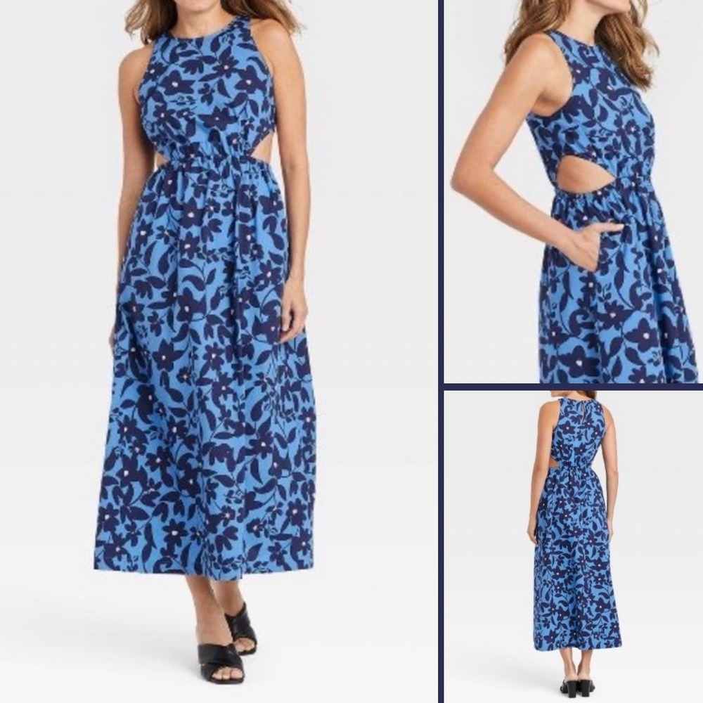 WHO WHAT WEAR Floral Side Cut-Out Maxi Dress XS Blue 100% Cotton Boho Vacation